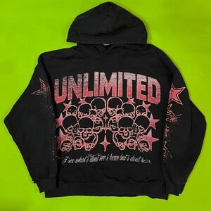 Unlimited Skulls Stars Graphic Hoodie Black Red Mens Size M Y2K Style Streetwear